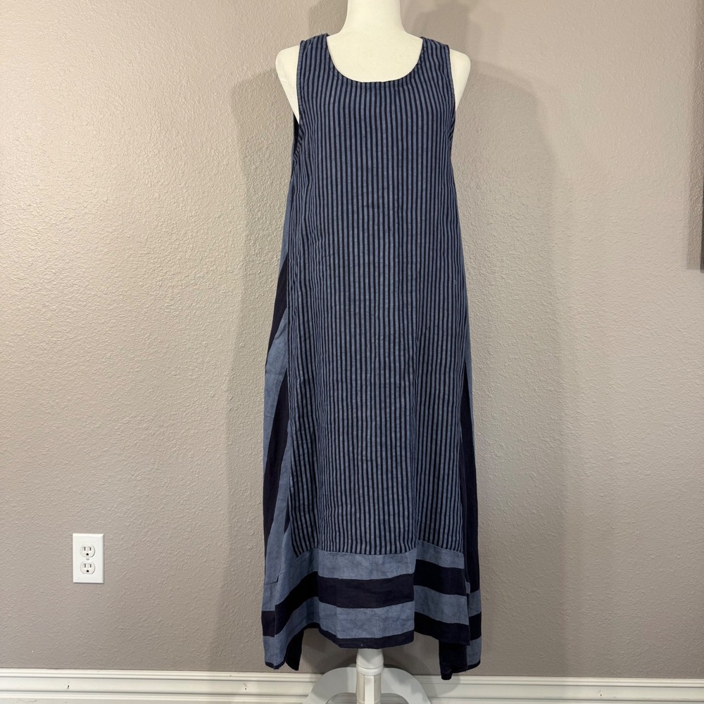 Kaktus Women's Size M Linen Made in Italy Blue Striped Maxi Boho Dress